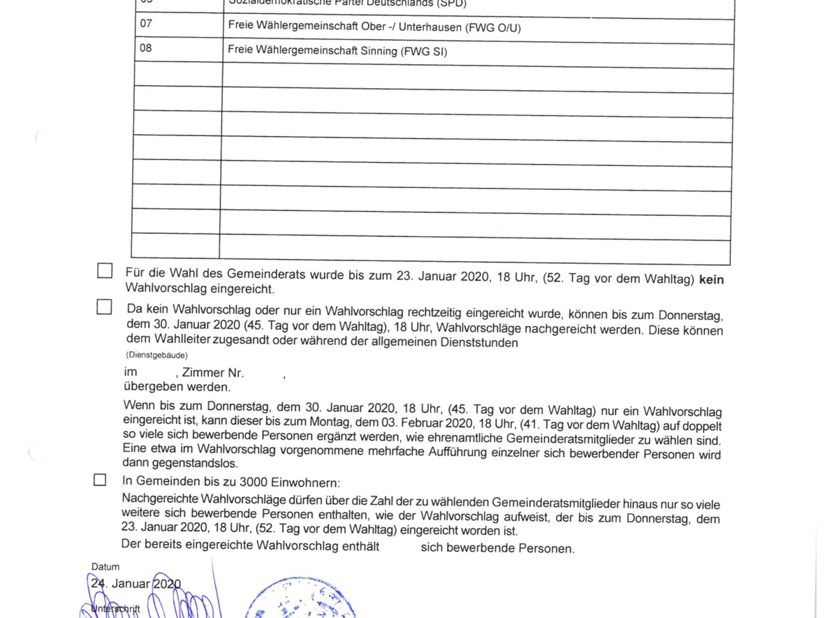 Bekanntmachung der eingereichten Wahlvorschläge für die Wahl des Gemeinderats