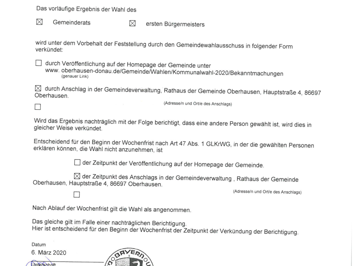 Bekanntmachung über die Verkündung des vorläufigen Wahlergebnisses GR + BGM