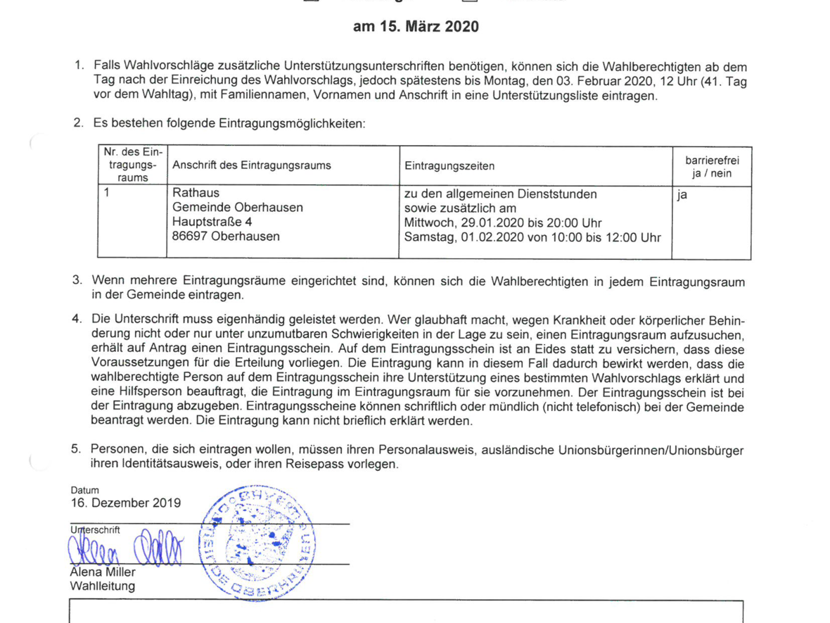 Bekanntmachung über die Eintragungsmöglichkeit in Unterstützungslisten GR BGM