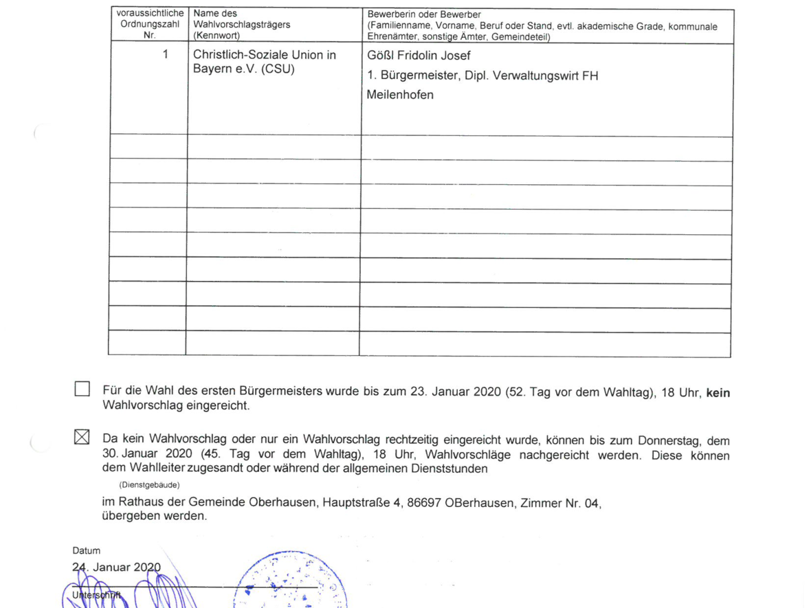 Bekanntmachung der eingereichten Wahlvorschläge für die Wahl des ersten Bürgermeisters